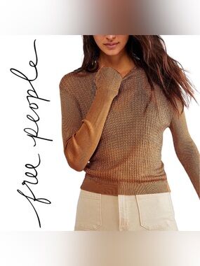 Free People Brown Ribbed Scoop-Neck Lightweight Sweater